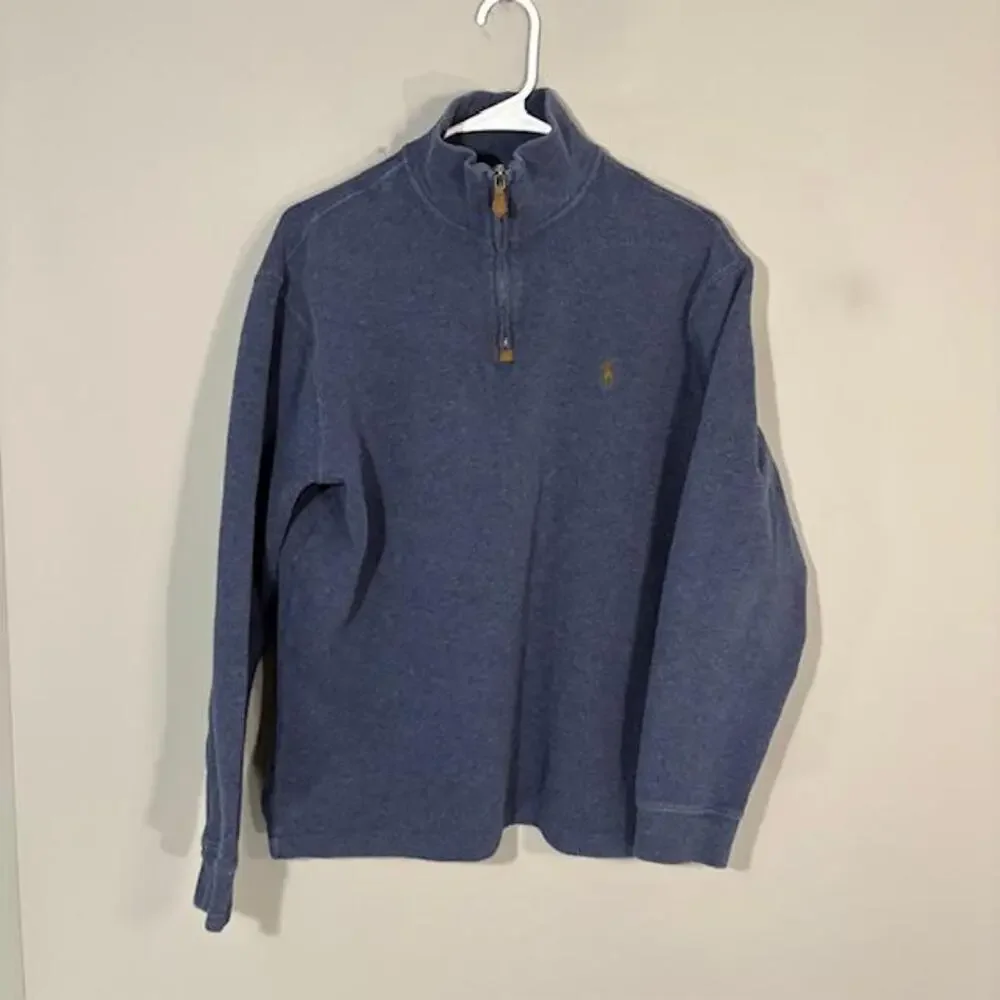 Polo Ralph Lauren Sweater Mens Medium Blue Cotton 1/4 Zip Mock Neck Pullover